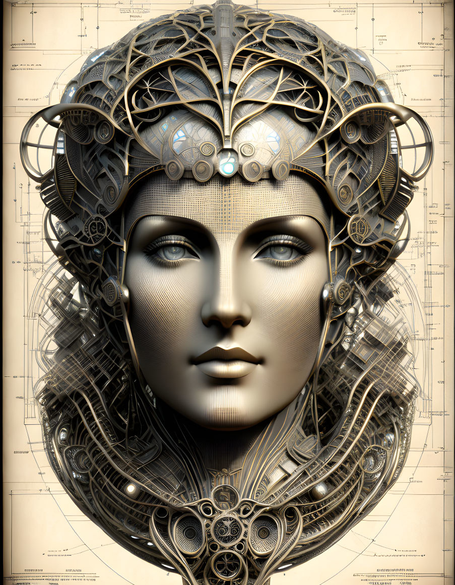 Ethereal mechanical face with intricate golden headpiece and blueprint background
